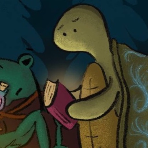 Portrait crop of Elmo, a turtle-like Galapa reading by the campfire.