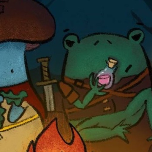 Portrait crop of Frobias, a frog-like adventurer by the campfire.