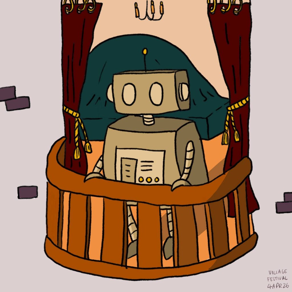 Illustration of Cuaupy, a boxy Clank, standing on a balcony with curtains.