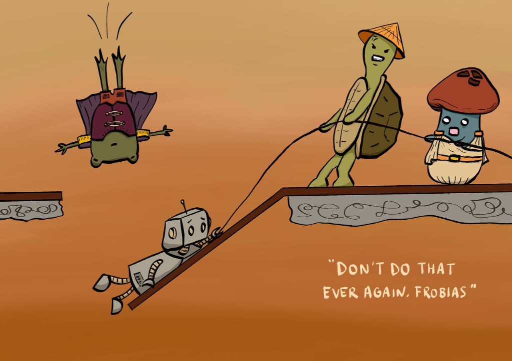 Illustration of party members pulling a rope as Frobias tumbles near a ledge.