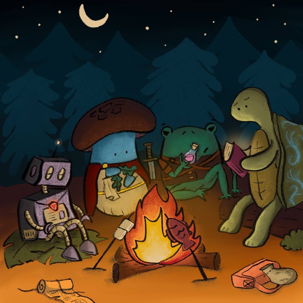 Illustration of Cuaupy, Frolo, Frobias, and Elmo sitting around a campfire at night.