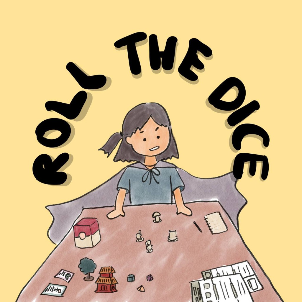Illustration of the game master sitting behind a table with miniatures and dice, surrounded by text saying roll the dice.