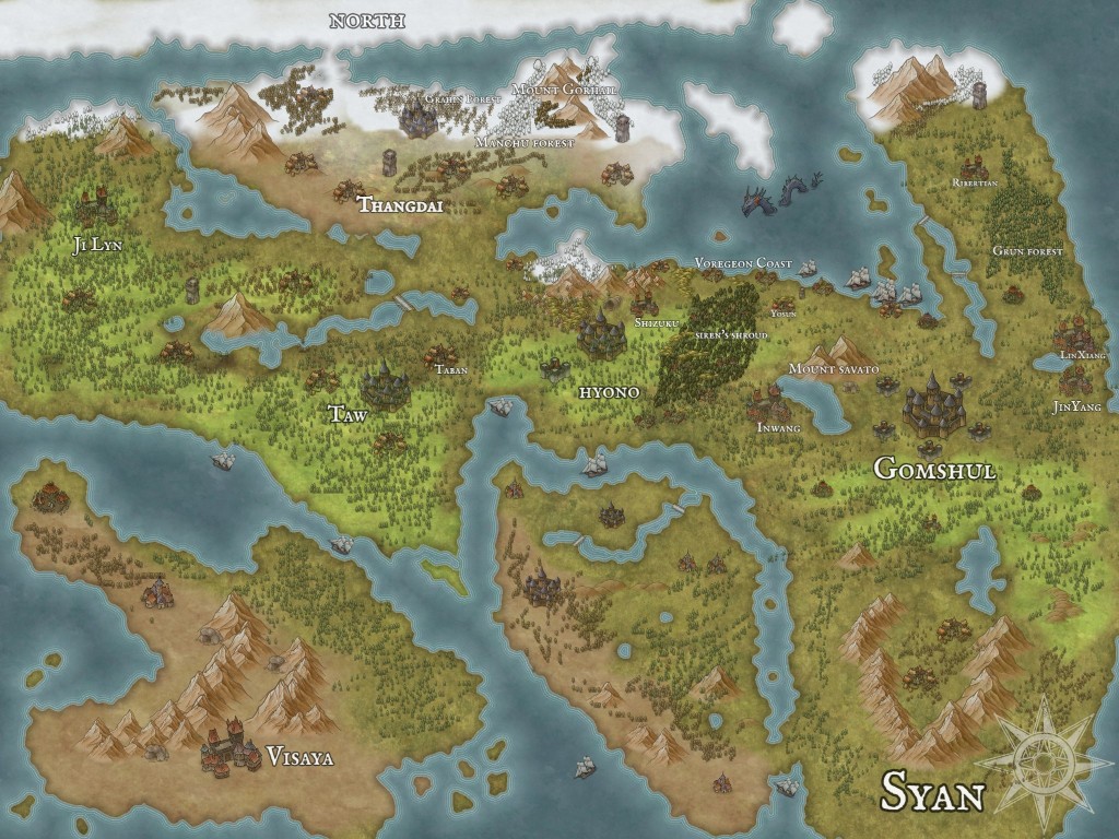 Illustrated world map showing regions including Hyono, Gomshul, Syan, Taw, Thangdal, and surrounding coasts.